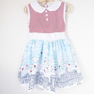 Sweet Charlotte Cityscape Cat Print Striped Dress Girls 4 Red Blue White Retro